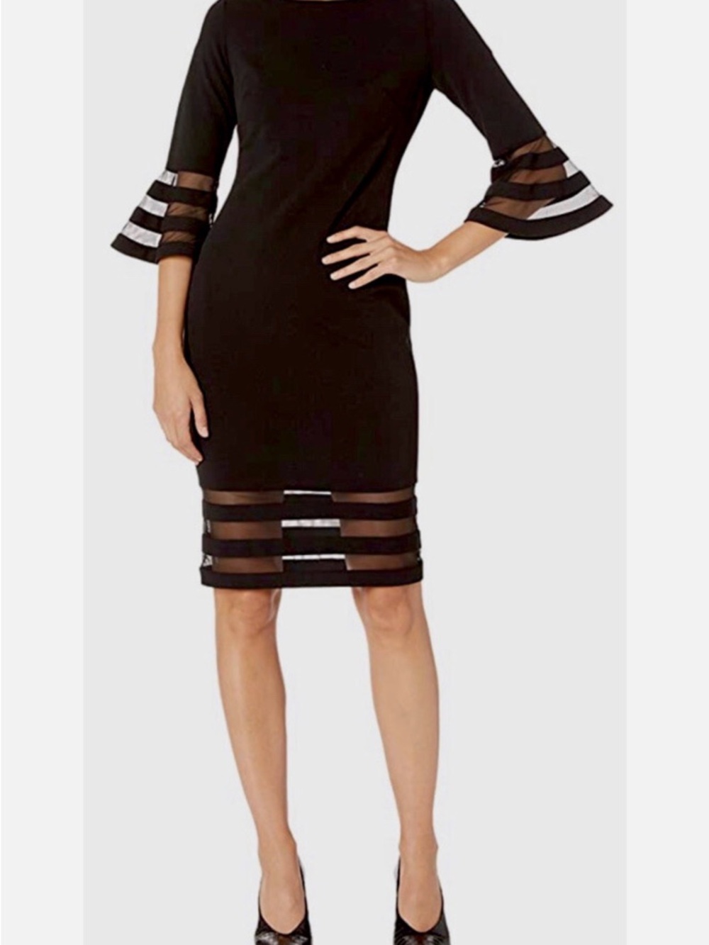Calvin Klein Black Midi Dress with Sheer Stripe Panels and Bell Sleeves - Picture 3 of 11